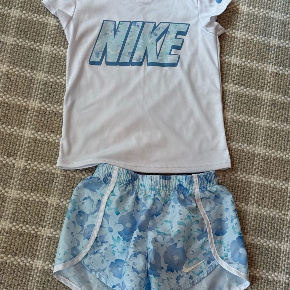 Nike White Tee and Floral Blue Shorts Set